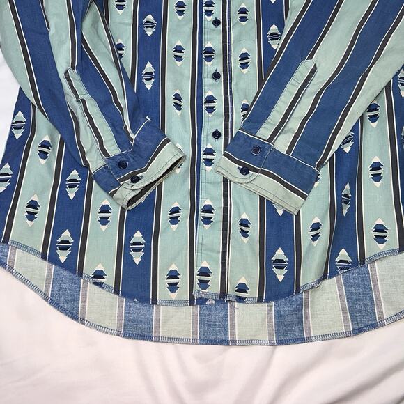Wrangler Western Shirt Size 16.5 x 35 Blue Striped Aztec Pearl Snap Cowboy Cut - Picture 7 of 13